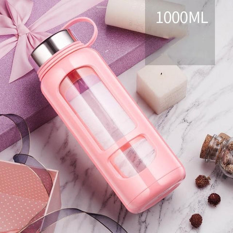 Gourde en verre avec protection 1000mL rose